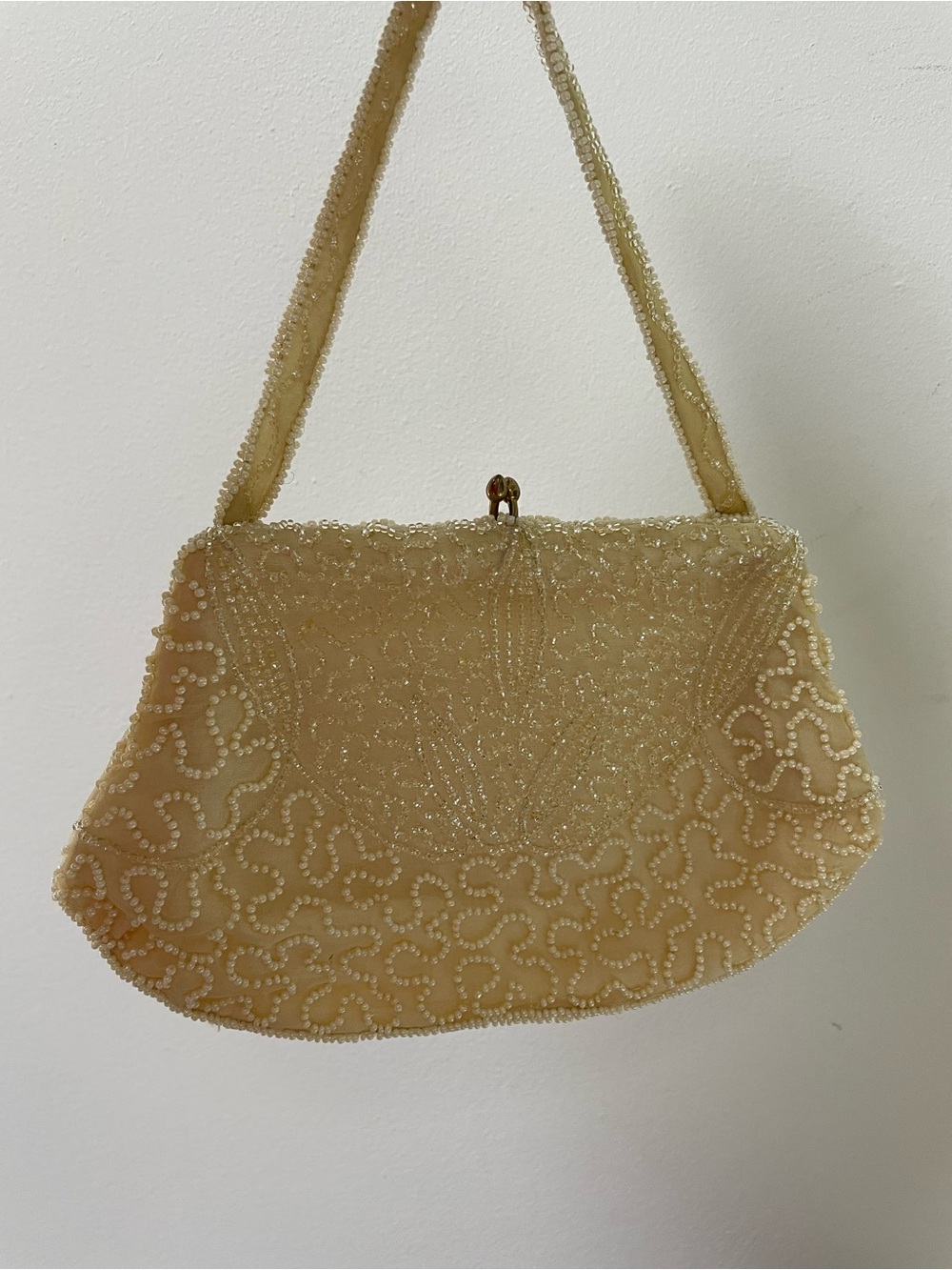 Vintage 1950s Hand-Beaded Pearl Evening Bag - Made in Belgium Cream Colour